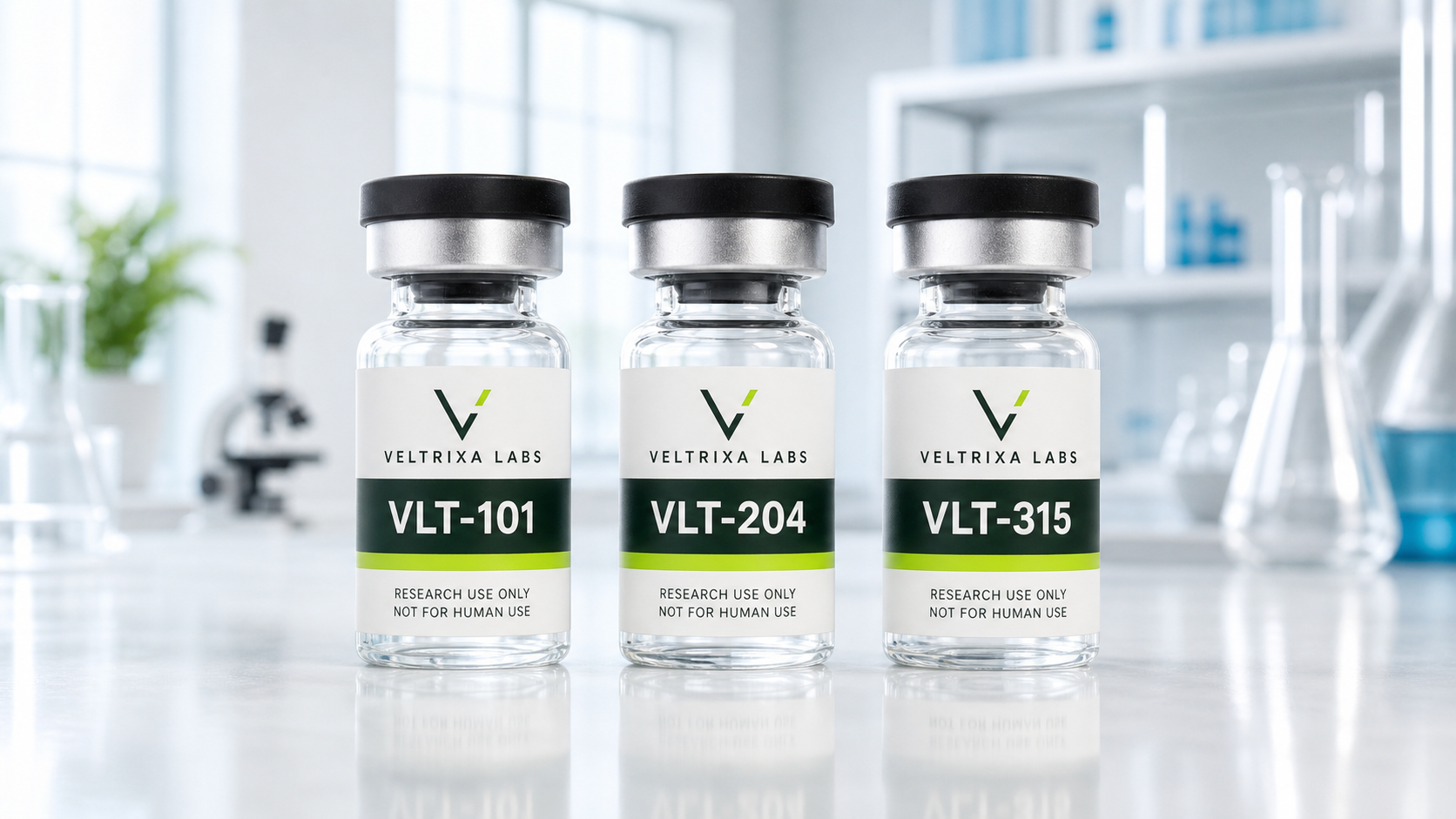 Three Veltrixa Labs research vials labeled VLT-101, VLT-204, and VLT-315